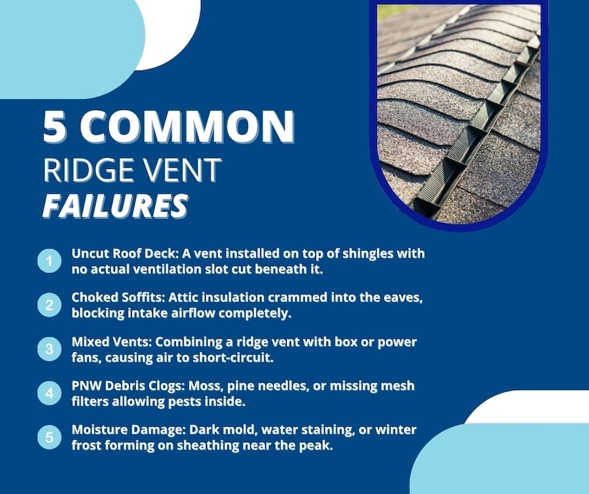 An infographic titled "5 Common Ridge Vent Failures" listing issues such as uncut roof decks, choked soffits, mixed vents, debris clogs, and moisture damage, accompanied by a photo of a roof ridge vent.