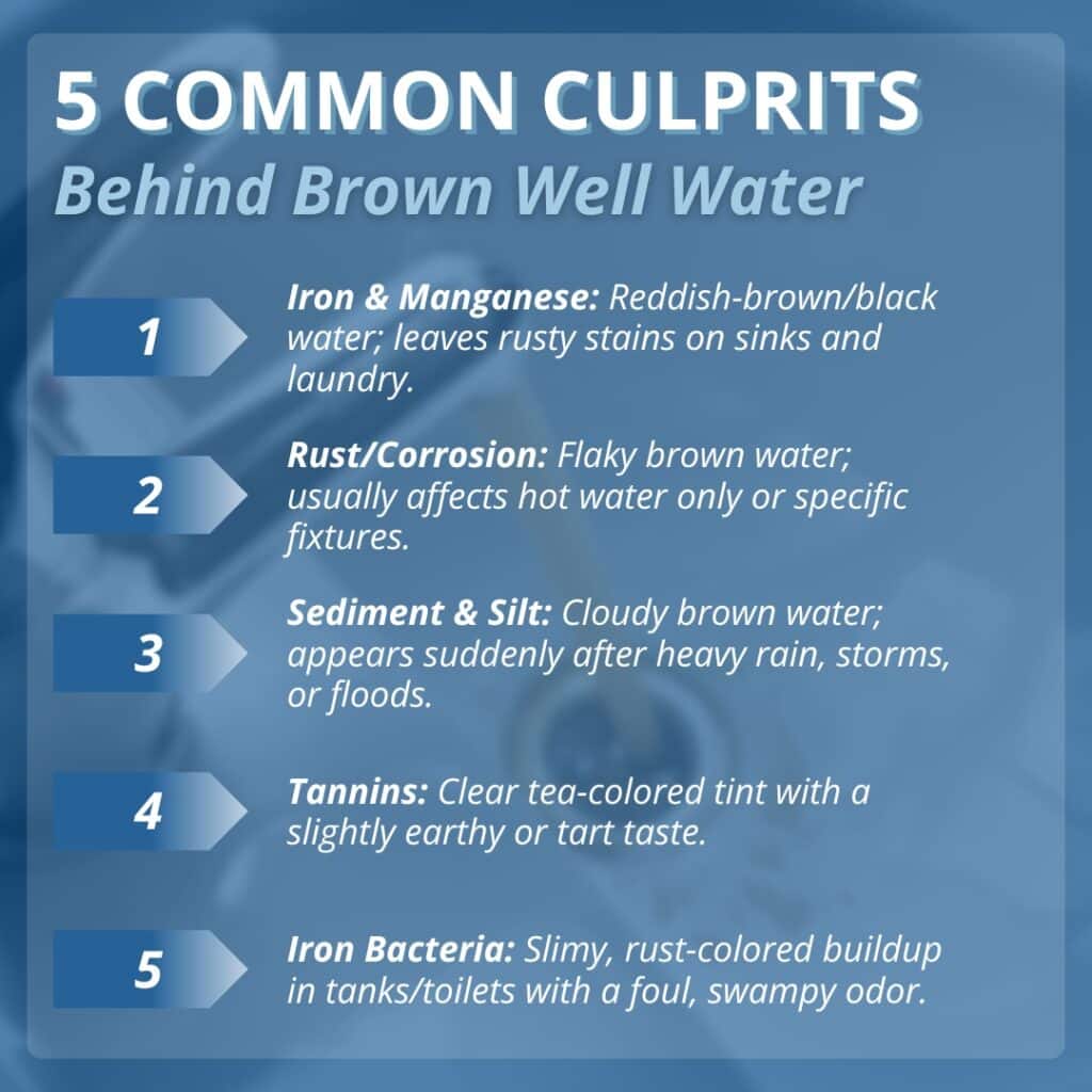 An infographic titled "5 Common Culprits Behind Brown Well Water" listing iron and manganese, rust or corrosion, sediment and silt, tannins, and iron bacteria as the primary causes.
