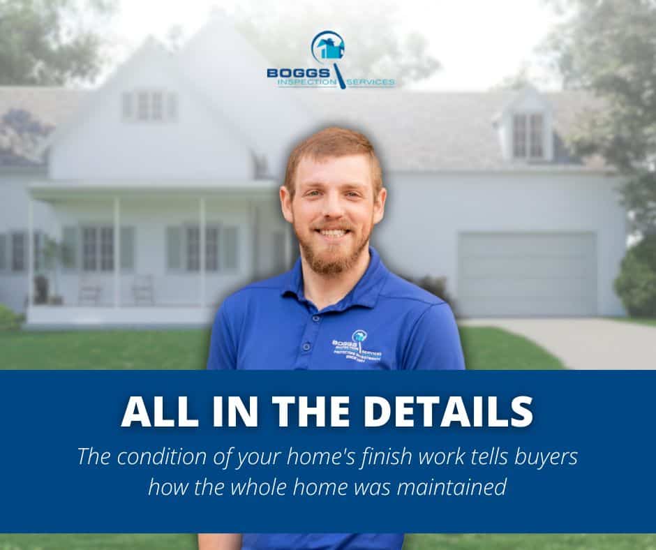 A Boggs Inspection Services professional stands before a home, emphasizing how details like a properly caulk baseboard reflect the overall maintenance and quality of the house.