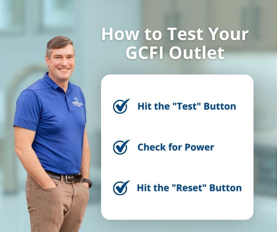A three-step checklist titled "How to Test Your GFCI Outlet" featuring a smiling man in a blue polo shirt.